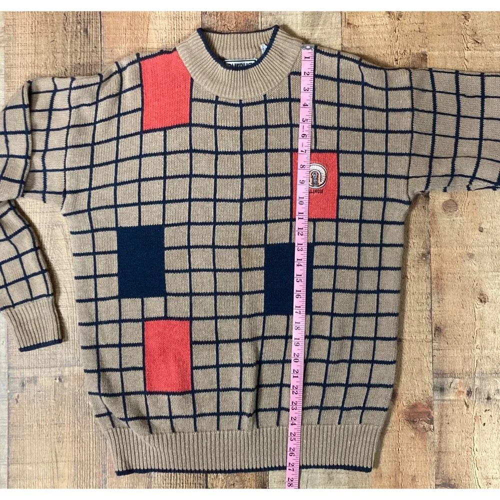 Vintage Aureus Mens Illinois Grid Colorblock Sweater‎ Tan Navy Coral Large